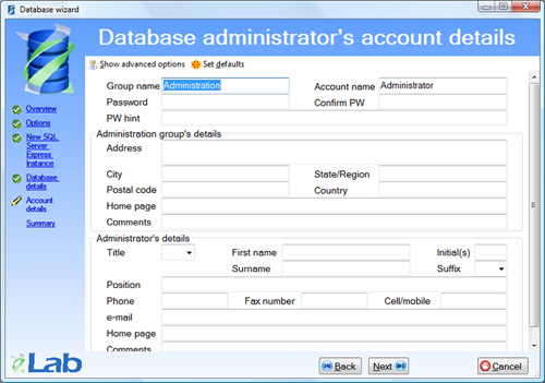 Database wizard - Account details