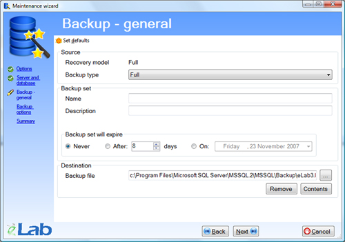 Maintenance wizard - Backup general