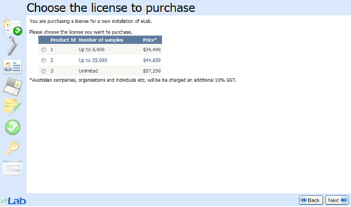 eLab licesing wizard - Select license