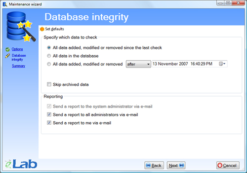 Maitenance wizard - Database integrity