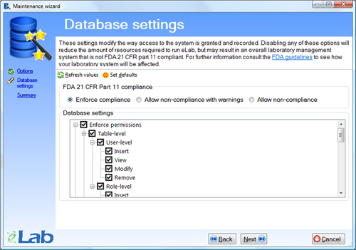 Maintenance wizard - Database settings
