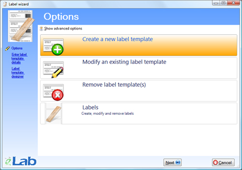 Label wizard - Options screen