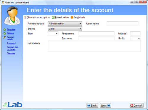 User and contact wizard - Account details