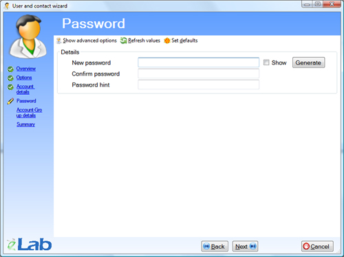 User and contact wizard -  Password details