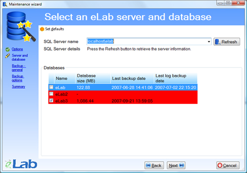 Maintenance wizard - Server and database