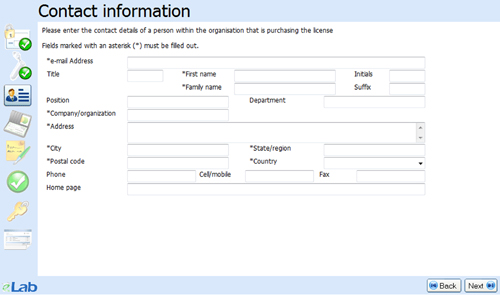 eLab licensing wizard - Contact information