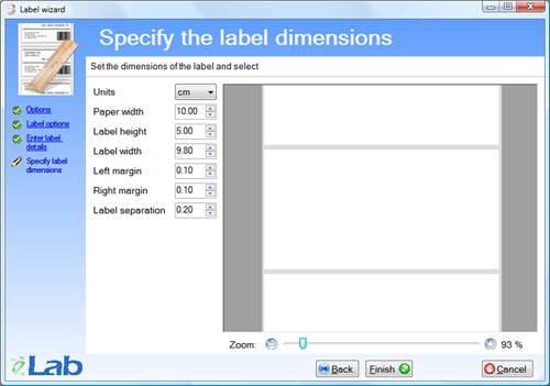 label wizard - Specify label dimensions
