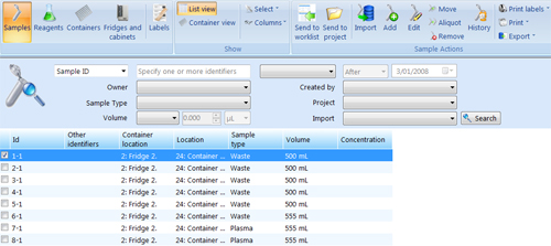 Samples screen