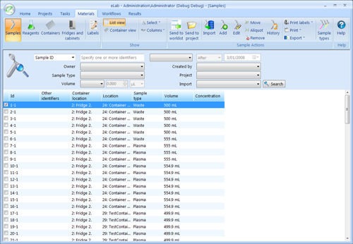 Samples screen